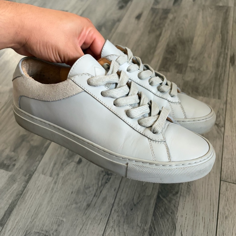 KOIO Gray Leather Low-Top Sneakers with Suede Heel Accent
